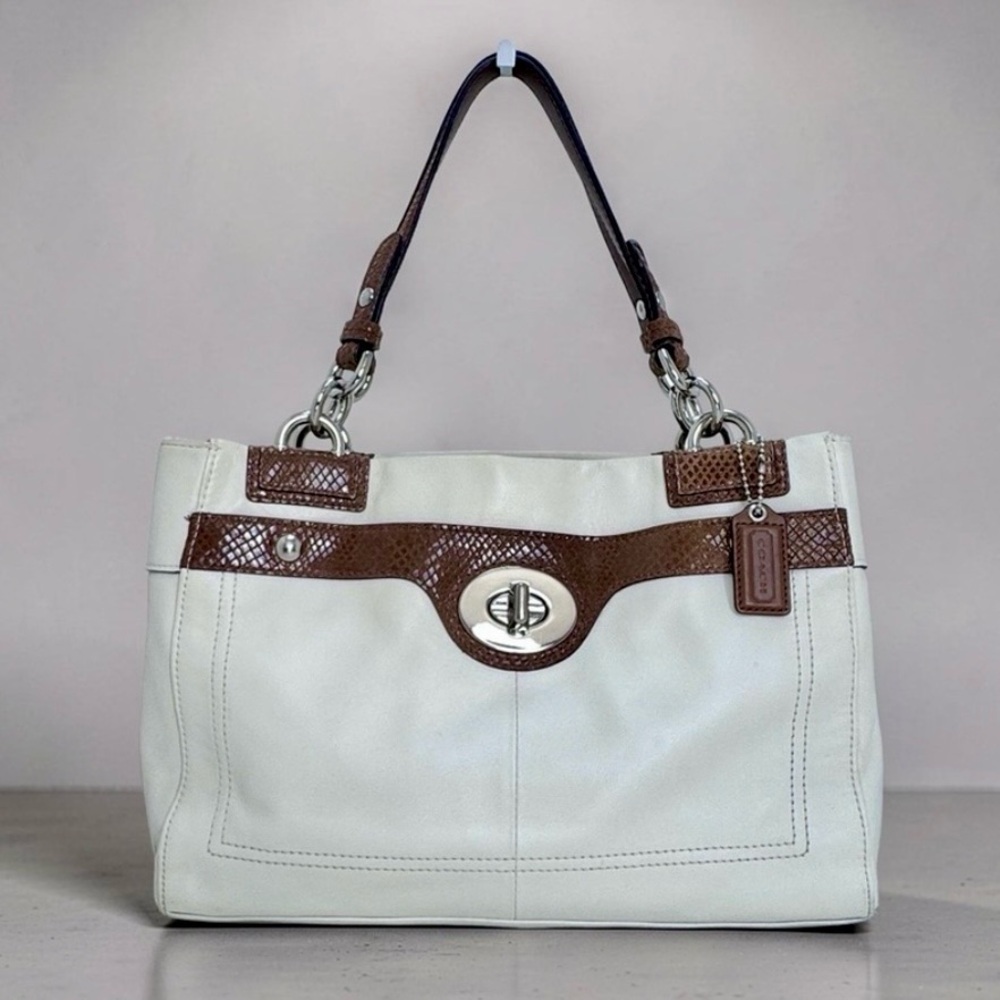 Coach Penelope Cream Leather Turnlock Tote Brown Trim
